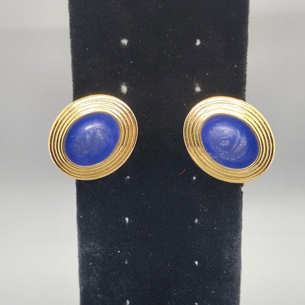 Vintage Oval Clip-On Earrings 1" Gold Tone Blue Enamel Fashion Jewelry